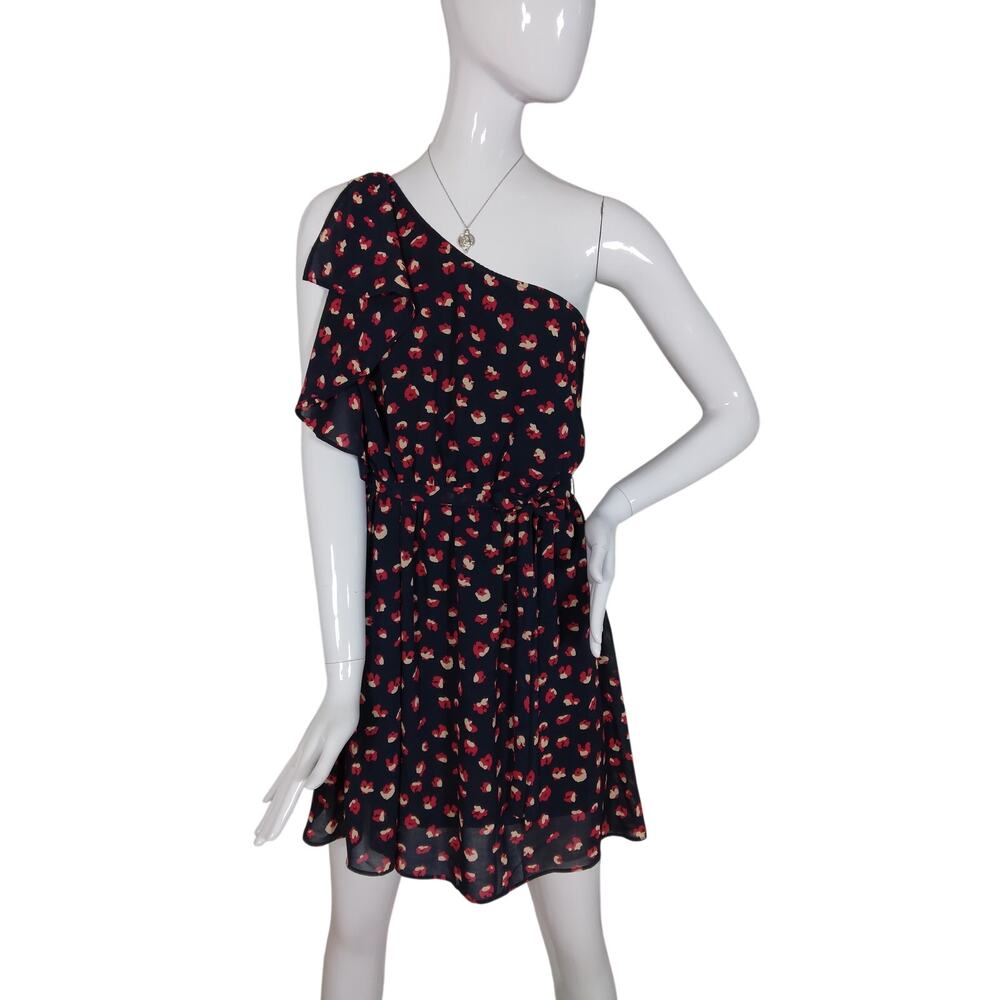 Aggie One Shoulder Floral Dress size Medium Blue and Red Lined Ruffle Across